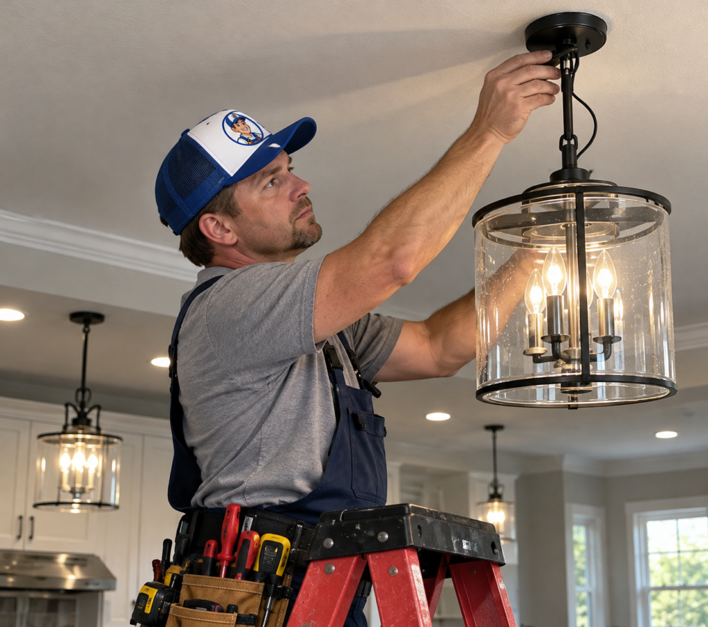 Electrician installing a pendant light fixture