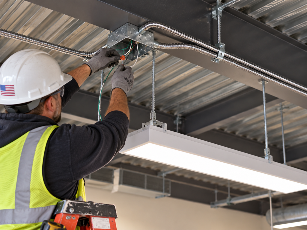 Electrician wiring a ceiling light fixture