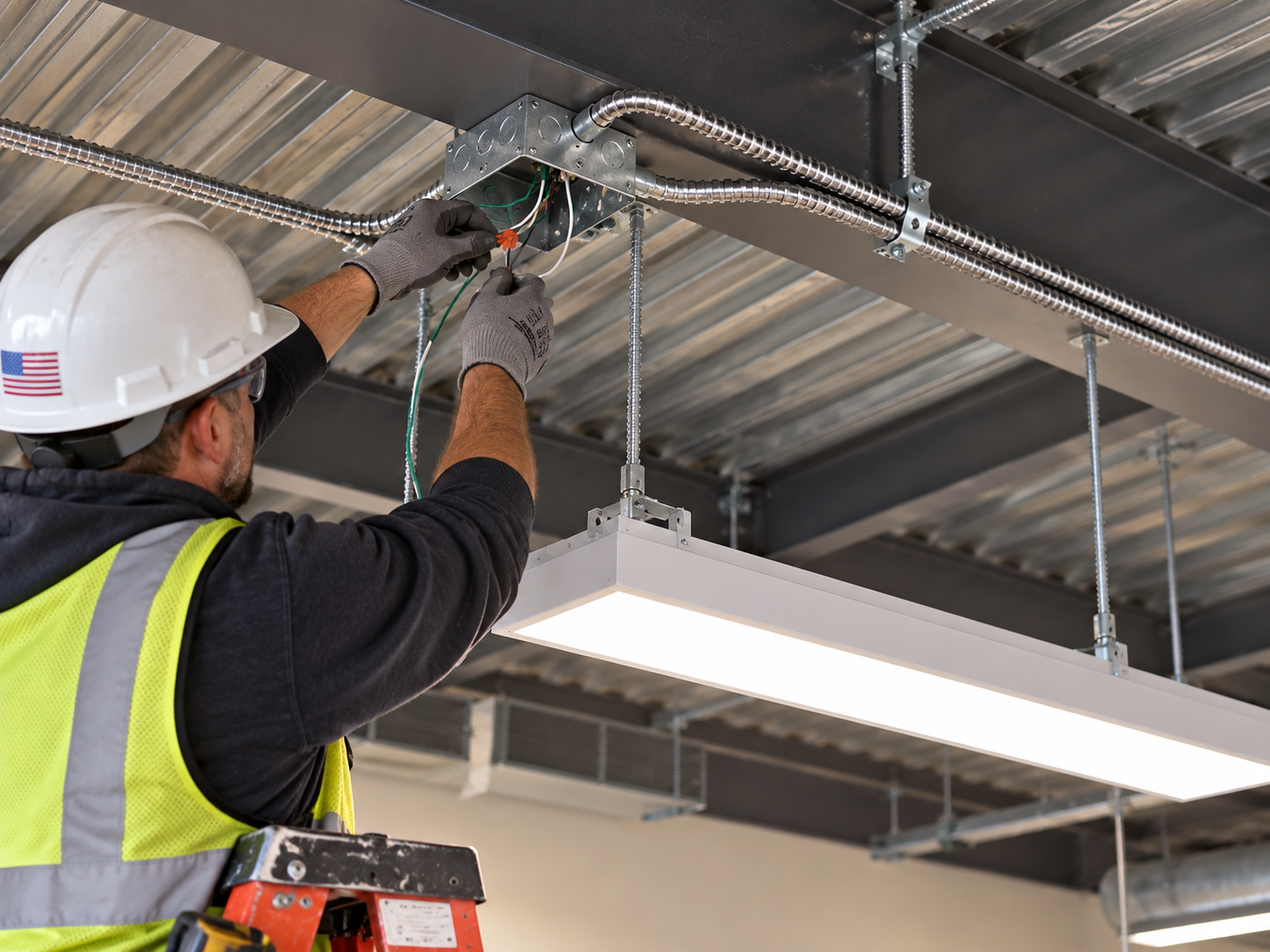 Electrician wiring a commercial light fixture